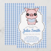 Blått Gingham Piggy Baby Shower-inbjudan
