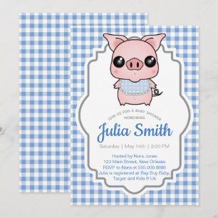 Blått Gingham Piggy Baby Shower-inbjudan Inbjudningar