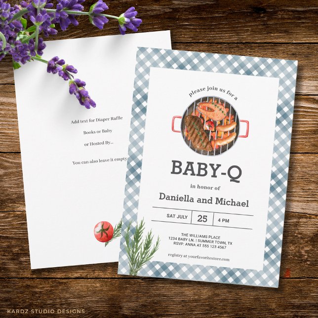 Blått Gingham Rustik BBQ Baby Shower Inbjudningar (The front and back of the invitation is shown in 5x7-inch. Choose size, paper, and corner style.)
