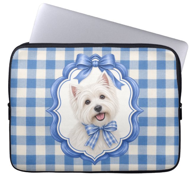 Blått Gingham Snyggt West Highland Terrier Dator Laptop Fodral (Framsidan)