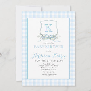 Blått Gingham Vapensköld Baby Shower-inbjudan Inbjudningar
