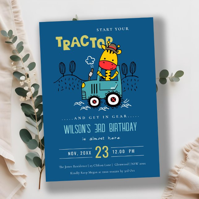 Blått Giraffe i Boys Birthday i Farm Tractor Inbjudningar (Skapare uppladdad)