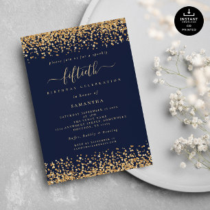Blått Glam 50:e Party vid Guld Glitter Inbjudningar