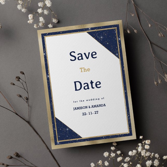 Blått glam för glitter i vitt guld Spara datum Inbjudningar (White gold navy blue glitter glam Save The Date )