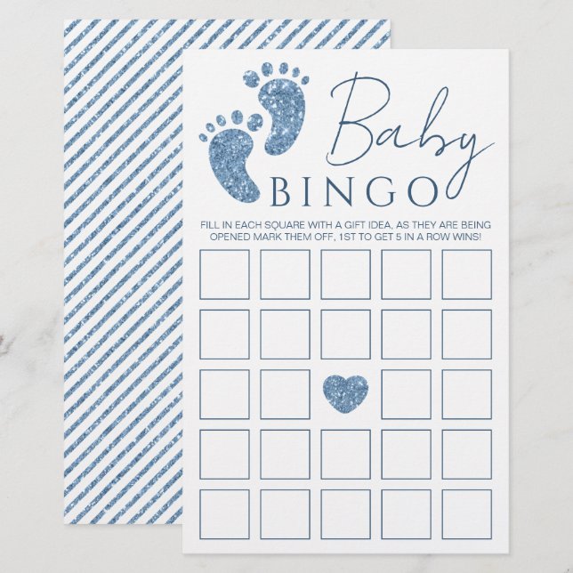 Blått Glitter Baby Feet Baby Shower Bingo Game Car (Fram/baksida)