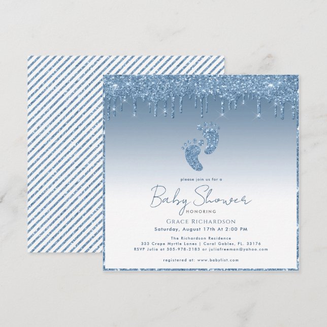 Blått Glitter-babyskor med Baby-fötter Inbjudningar (Fram/baksida)