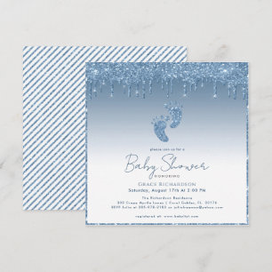 Blått Glitter-babyskor med Baby-fötter Inbjudningar