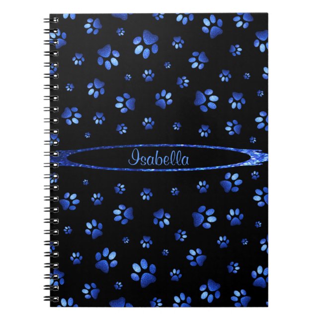 Blått glitter hund tass mönster Monogram Anteckningsbok (Framsidan)