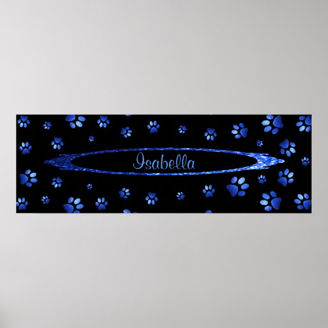 Blått glitter hund tass mönster Monogram Poster (Framsidan)