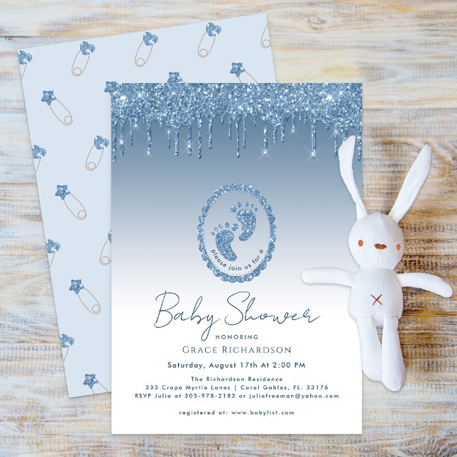 Blått Glitter-inbjudan för drivladdning av babysko Inbjudningar (Blue Glitter Elegant Baby Shower Invitation)