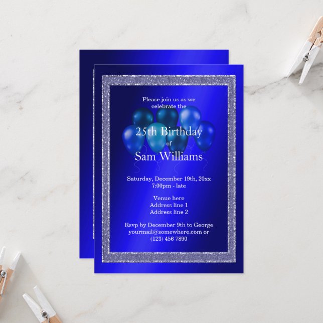Blått Glitter och födelsedagsballonger Inbjudningar (Fram/Back In Situ)