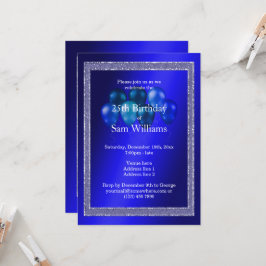 Blått Glitter och födelsedagsballonger Inbjudningar