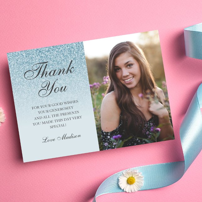 Blått glitter-ombre-fototack, Sweet 16 Tack Kort (Blue Glitter Thank You Card)