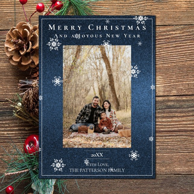Blått Glitter Snöflingor Helgdag-fotokort Julkort (Blue Glitter Snowflakes Holiday Photo Card)