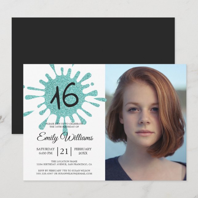 Blått Glitter Stänk Sweet 16 16:e Födelsedagsfeste Inbjudningar (Fram/baksida)