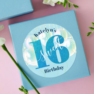 Blått Glitter Sweet 16 Birthday Balloons Script Runt Klistermärke