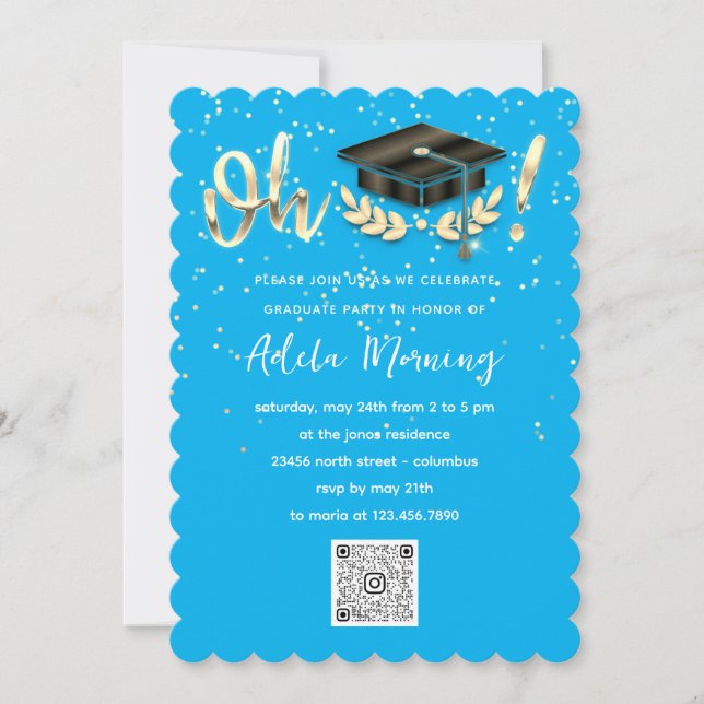 Blått (Golden Confetti Student Party QR) Inbjudningar (Framsida)
