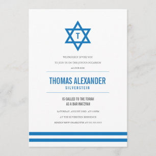 Blått görad randig pubMitzvah inbjudan