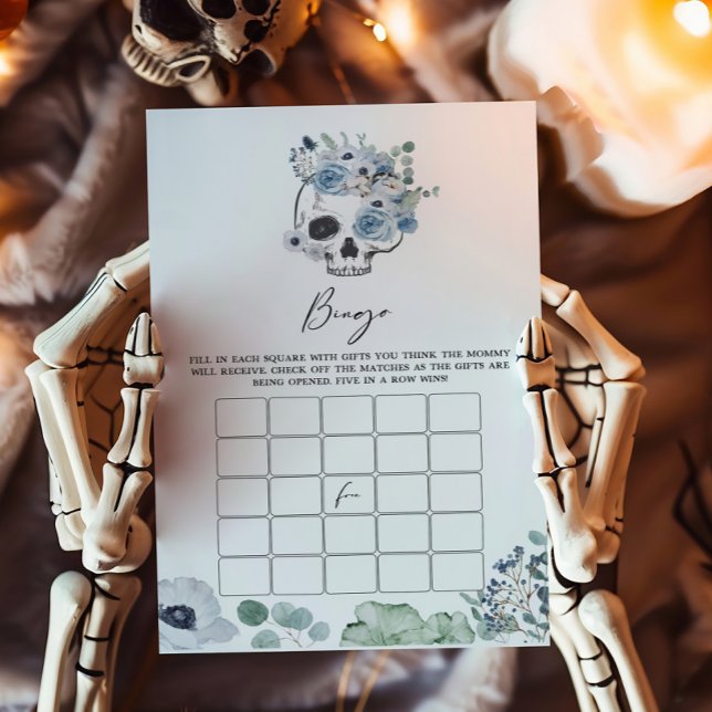 Blått gotiskt Blommigt Skullig babystöld Bingo-spe (Floral Skull Baby Shower Bingo Game)