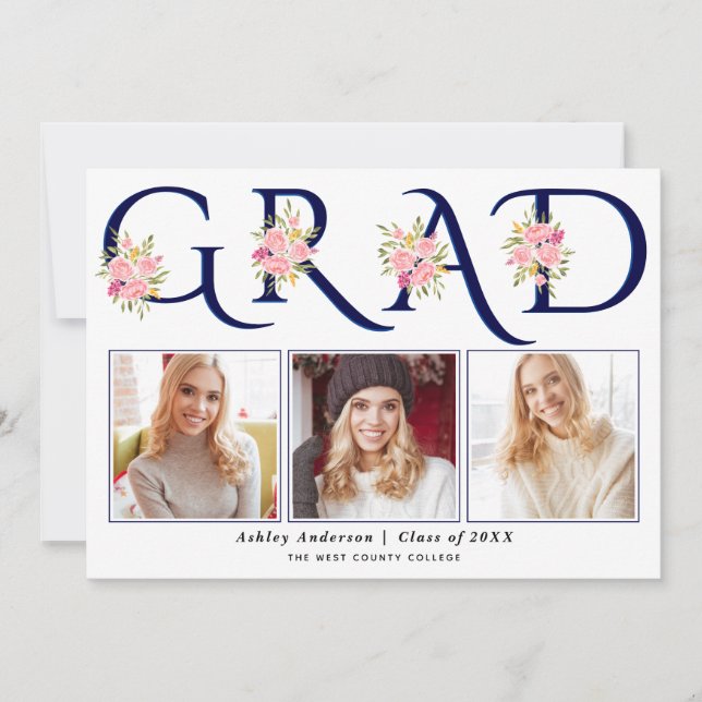 Blått GRAD-typografi rosa ros-foto studenten Meddelande (Framsida)