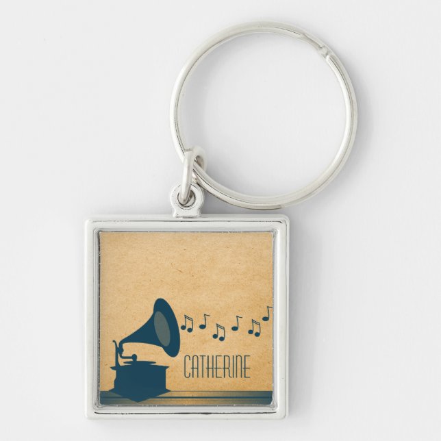 Blått Gramophone Premium Keychain (Gramofone Premi Fyrkantig Silverfärgad Nyckelring (Framsidan)