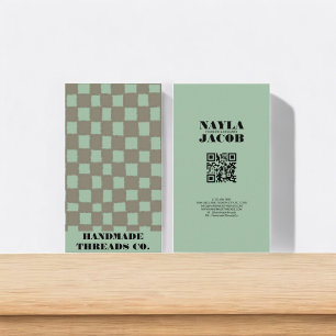 Blått Grått Checkerboard Mönster QR-kod handgjord Visitkort