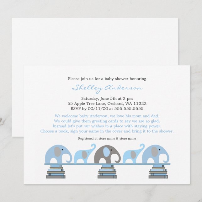 Blått Grått Elephant Baby Shower-inbjudningar Inbjudningar (Fram/baksida)
