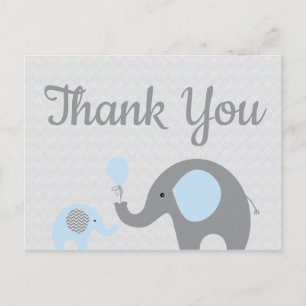 Blått Grått Elephant Baby Shower Tack vykort
