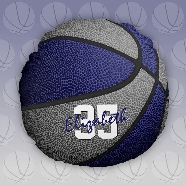 Blått grått färg-skolflickor basketbollsrum rund kudde (Blue and gray team colors round basketball pillow)