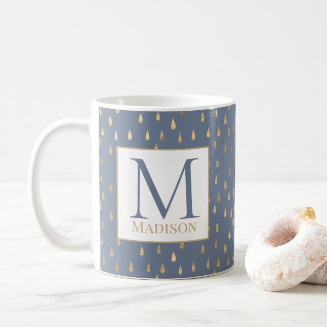 Blått Grått Guld RainDrop Modern Trendig Monogram Kaffemugg (Med munk)