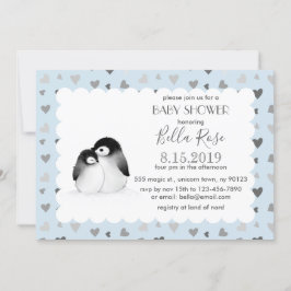 Blått Grått Hearts Penguins Baby Shower-inbjudning Inbjudningar