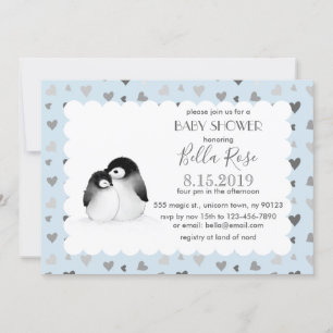 Blått Grått Hearts Penguins Baby Shower-inbjudning Inbjudningar