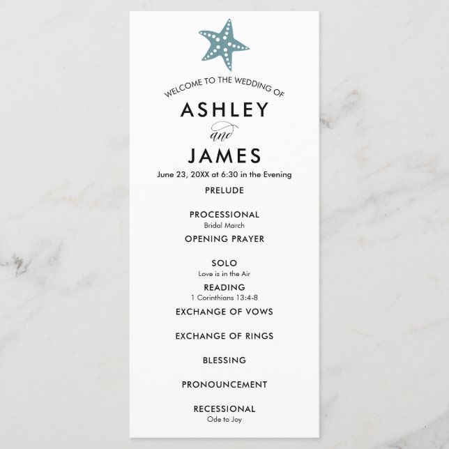 Blått Grått i det moderna Starfish Bröllop Ceremon Program (Framsida)