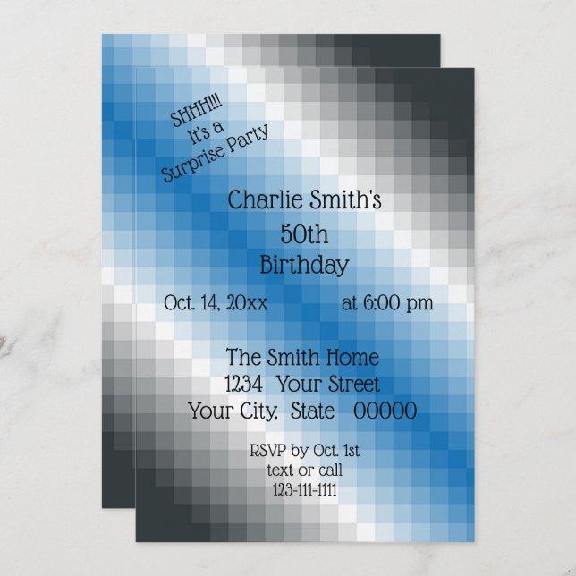 Blått Grått Pixel Party-inbjudan Inbjudningar (Fram/baksida)