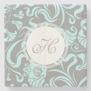 Blått Grått Vintage Blommönster Monogram Stone C Stenunderlägg