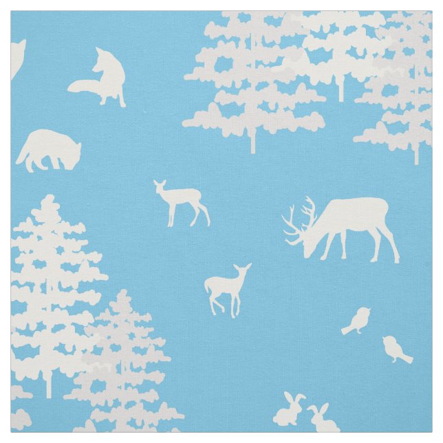Blått Grått Winter Woodland Animals Hjort Fox Bear Tyg (Provkarta)