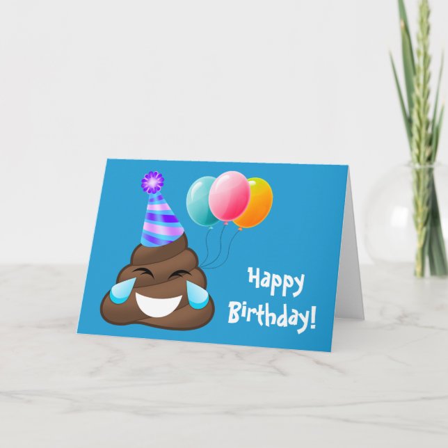 Blått Grattis på födelsedagen Party Poop Emoji-kor Kort (Framsida)