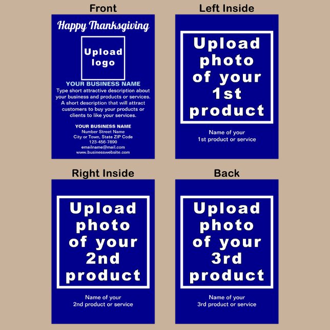 Blått gratulationskort för Business Thanksgiving Kort (Blue Thanksgiving folded greeting card with your business brand and products or services.)