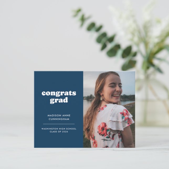 Blått Gratulerar Grad-fotoinbjudan till Studenten Vykort (Stående Fram)