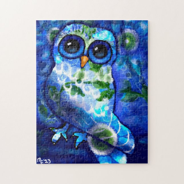 Blått Grönt av Whimsical Abstrakt Uggla Blommigt Pussel (Vertikal)