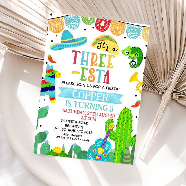 Blått Grönt Det är en tre-bästa Fiesta Birthday Inbjudningar (Three-esta Fiesta Boy Birthday Invitation, Threeesta Fiesta 3rd Birthday Invite, Mexican Fiesta )