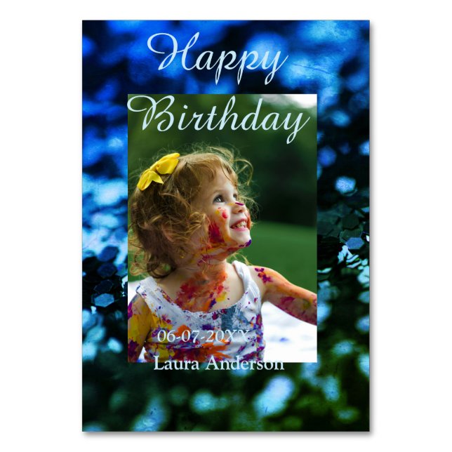 Blått grönt glitter fotot barns födelsedag moderna bordsnummer (Framsidan)