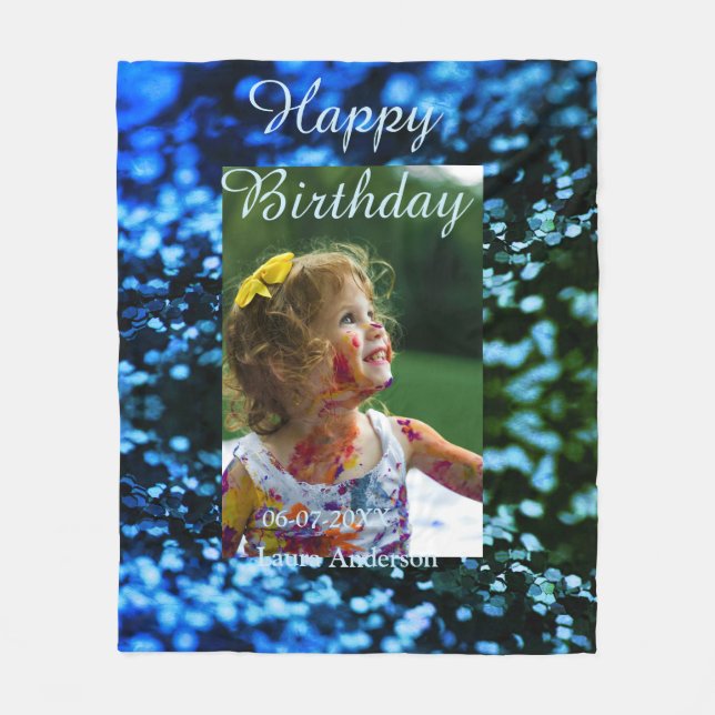Blått grönt glitter fotot barns födelsedag moderna fleecefilt (Framsidan)