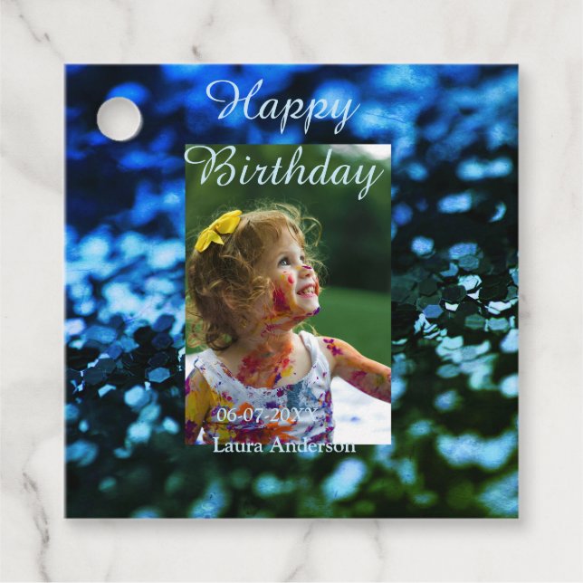 Blått grönt glitter fotot barns födelsedag moderna gåvor etiketter (Framsida)
