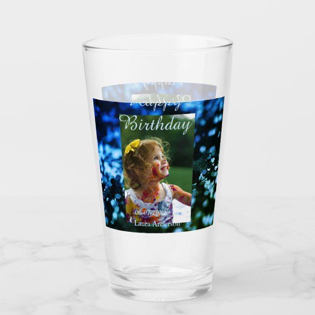 Blått grönt glitter fotot barns födelsedag moderna glaskopp (Framsida)