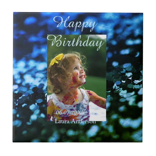 Blått grönt glitter fotot barns födelsedag moderna kakelplatta (Framsidan)
