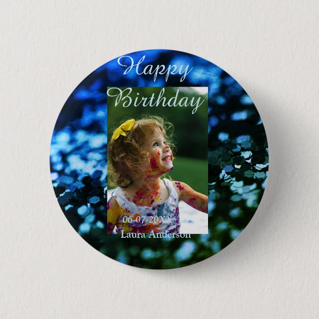 Blått grönt glitter fotot barns födelsedag moderna knapp (Framsida)