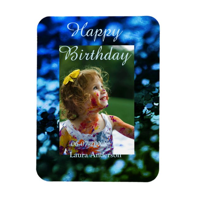 Blått grönt glitter fotot barns födelsedag moderna magnet (Vertikal)