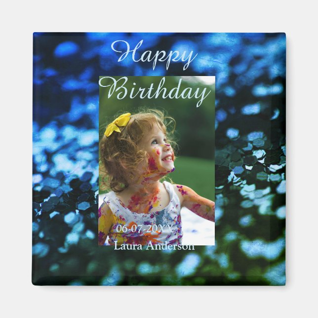 Blått grönt glitter fotot barns födelsedag moderna magnet (Framsidan)