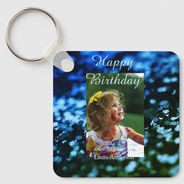 Blått grönt glitter fotot barns födelsedag moderna nyckelring (Framsida)